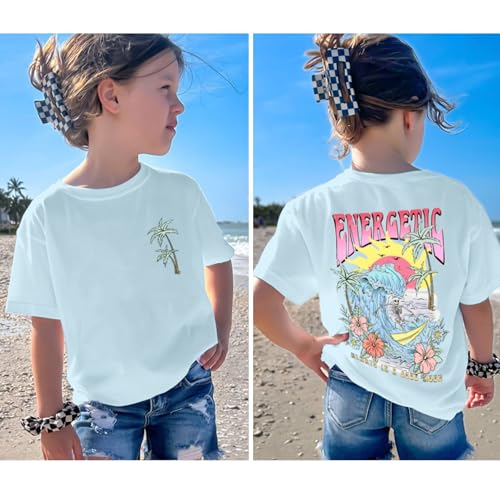 Image of KEEVICI Cute Girls Graphic Tees Beach Kids Hawaiian T Shirt Summer Cotton Letter Print Short Sleeve Shirts Vacation Tops