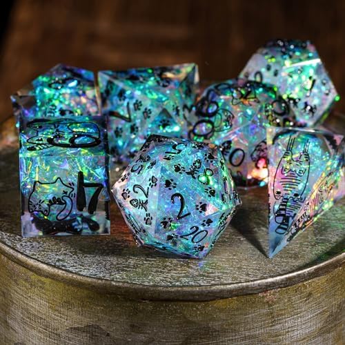 Cusdie Sharp Edges DND Dice, 7 PCS D&D Dice, Handcrafted Polyhedral Dice Set, for TTRPG Role Playing Game(Cat Pattern) - 3