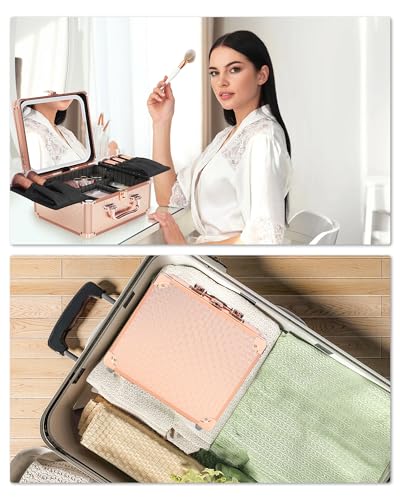 Image of Relavel Makeup Bag with LED Mirror, Makeup Box Travel Train Case with Rechargeable Lighted Mirror, Cosmetic Brush Organizer Storage for Makeup Artists Gifts for Women and Girls, Rose Gold