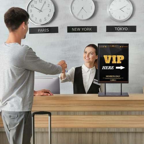 Image of Zhengmy 1 Pcs Tabletop Sign Holder with Flat Base 11 inch x 8.5 inch Double Sided Countertop Sign Holder Vertical Desktop Display Stand Metal Poster Display Stand for Office Store Restaurant Hotels, Black