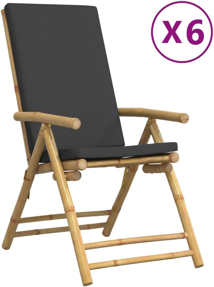 6 Piece Folding Patio Reclining Chairs with Dark Gray Cushions Bamboo Garden Chair Outdoor Chairs Balcony Chair