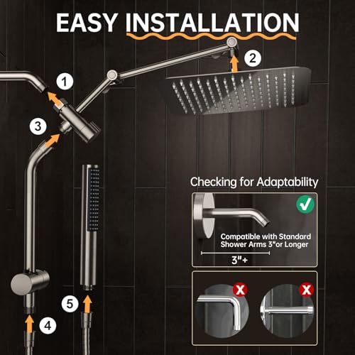 Veken All Metal 10" Brushed Nickel Shower Head with Handheld, Luxurious Square High Pressure Double Rain Shower Heads with Power-wash Hand Held, Dual Detachable Rainfall Showerhead,Bathroom Upgrade