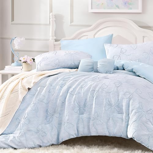 Image of Andency Full Size Cute Comforter Set, 3 Pieces Light Blue Boho Tufted Bedding Set, 3D Puffy Bow Comforters for All Seasons (1 Comforter, 2 Pillow Shams), 79 inchx90 inch, Light Blue