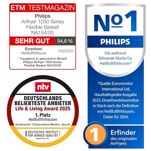 Philips Airfryer 1000 Series Flexible Basket - Heißluftfritteuse mit 7,1 L Fassungsvermögen, RapidAir-Technologie, 10 Kochfunktionen, 90% weniger Fett, kompaktes Design, HomeID-Rezept-App (NA154/00) - 0