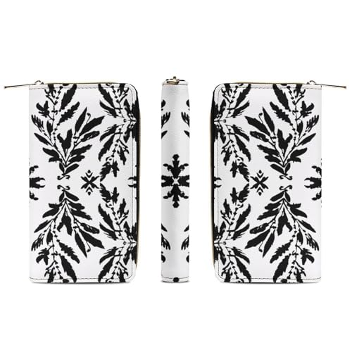 Black And White Leaves Print Long Wallet for Women Men PU Leather Card Holder Organizer with Zipper Coin Pocket & Cash Slots3