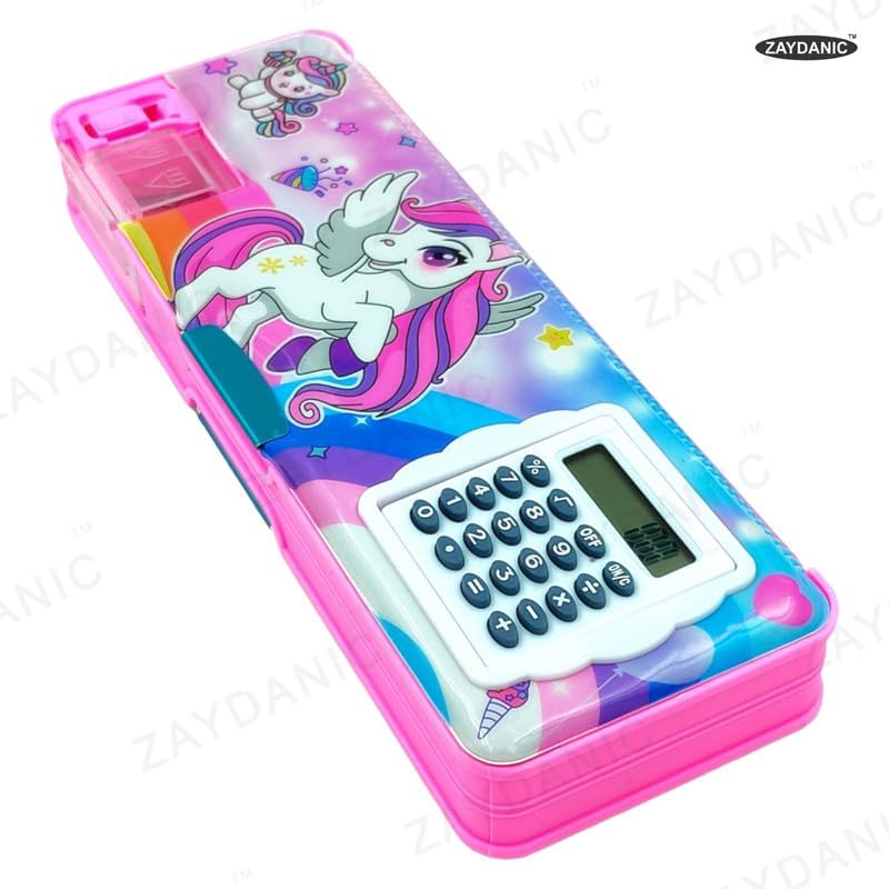Image of Pencil Box Integrated Sharpener and Calculator, Magnetic Lock, Dual Compartments, Cartoon Stationery Case School Kit for Girls, Kids, Students Combo Set of 5in1 (Unicorn)