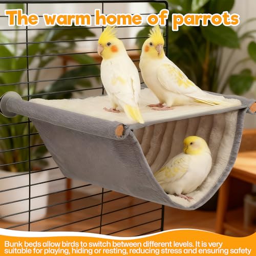 2 Stück Vogel Hängematte Etagenbett, Wellensittich Spielzeug Vogelnest HöHlen Schlafplätze Winter Warm Vogelnest Haus Grau und Gelb Vogelkäfig Zubehör für Papageien Käfig Hamster