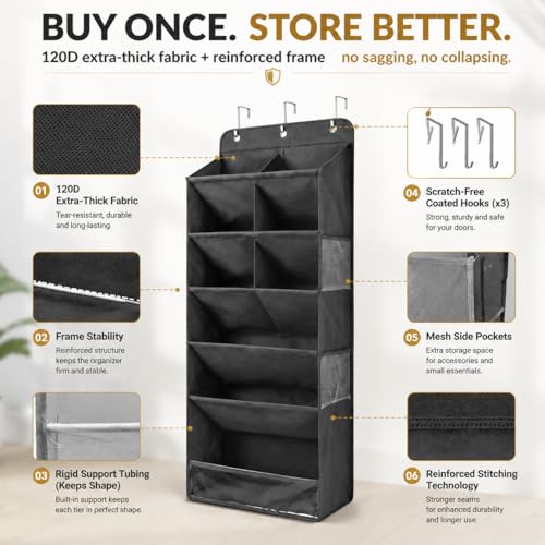 HOMELUX THEORY Hanging Shoe Organizer for Closet, 6 Tier Over the Door Shoe Organizer 120D Extra Thick with Deep Pockets, Shoe Rack for Closet & Entryway, with 4 Side Storage Pockets (Light Gray) by HOMELUX THEORY - Image 5