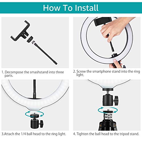 10\'\' Selfie Ring Light - LED Ring Light with Tripod Stand, Adjustable Phone Ring Light Compatible with iOS & Android Phones for Live Video, Makeup, Photography and Vlog Creation