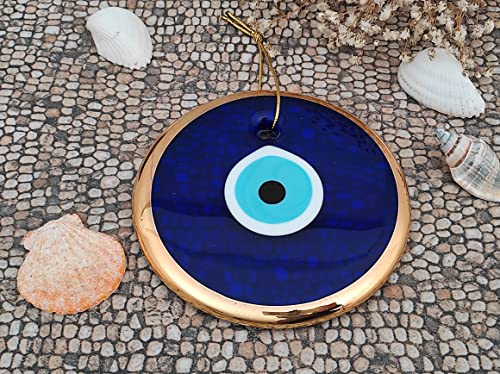 Image of Handmade Blue Glass Turkish Gold Evil Eye Hanging for Home Entrance, Nazar Battu Protection Amulet for Good Luck & Prosperity - Main Door & Wall Decor (14cm)