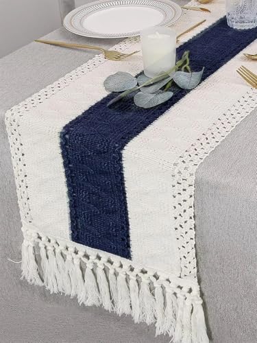 Chemin de table bleu avec pompons, écharpe de commode classique, déco table à manger 30x160 cm