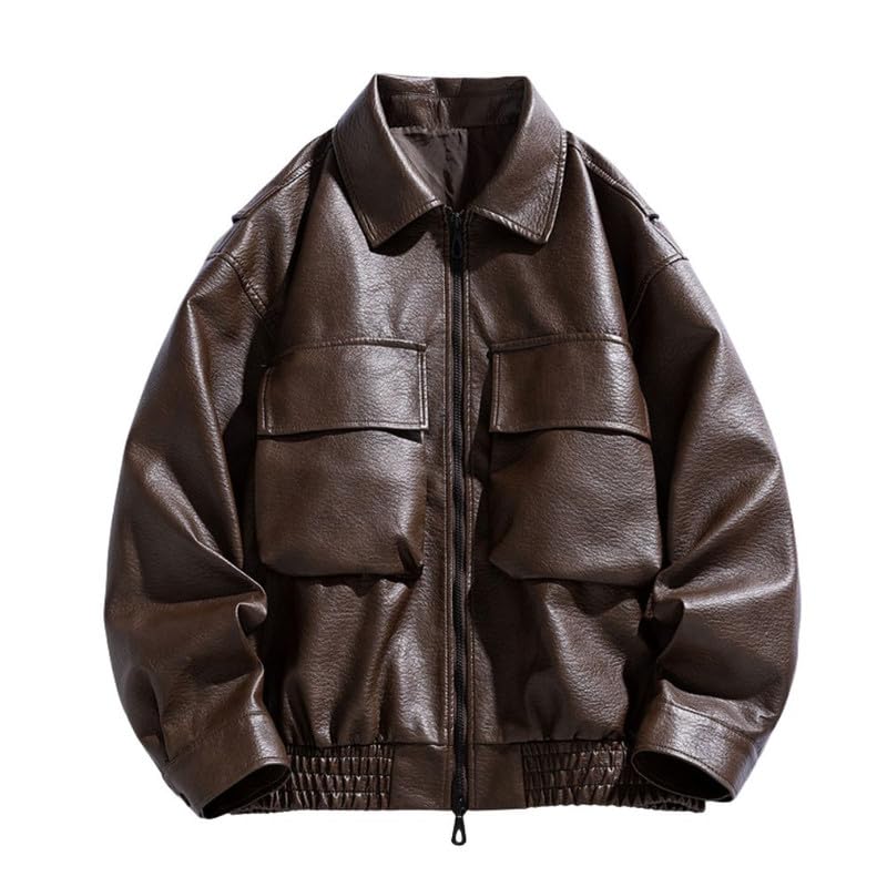 Men’s Lapel Leather Jacket Light Casual Zip-Up Spring and Autumn Jacket Versatile Style-image-32