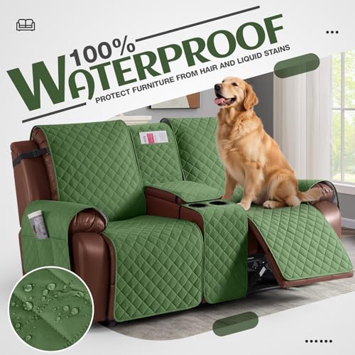 Image of KinCam 100% Waterproof Recliner Loveseat Cover with Console, Non-Slip Reclining Couch Covers for 2 Seat, Recliner Sofa Cover Furniture Protector with Elastic Straps for Kids, Pets, Vine Green