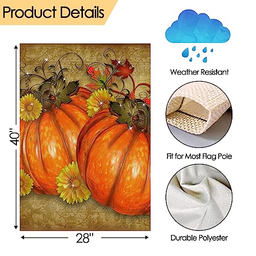 Pickako Thanksgiving Day Pumpkins Rustic Autumn Fall Harvest Flowers Leaves House Flag 28 X 40 Inch, Double Sided Large Garden Yard Welcome Flags Banners For Home Lawn Patio Outdoor Decor #TOP1