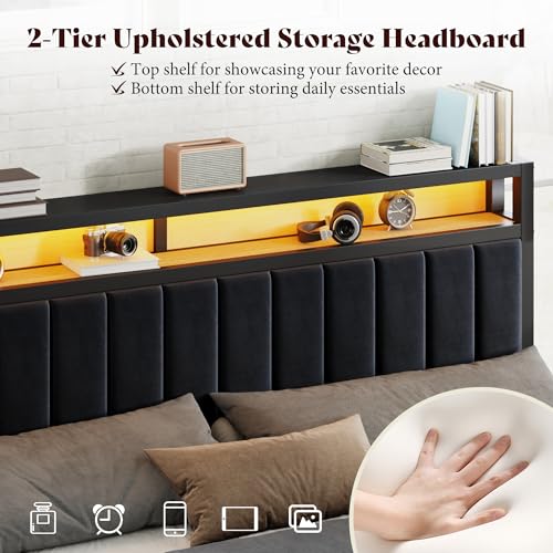 Image of AMERLIFE King Bed Frame with LED Lights & 2-Tier Storage Headboard | Black, 2 Storage Drawers, Metal Platform Frame, Velvet Upholstery, Heavy-Duty Slats, No Box Spring, Easy Assembly