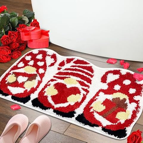 Hexagram Valentines Day Bathroom Rug, Valentines Day Bathroom Decor, Gnomes Valentines Bath Mat, Valentine's Day Rug Red for Bathroom Indoor, Valentines Soft Non Slip Washable Bath Rug 16x31 Inches Cover