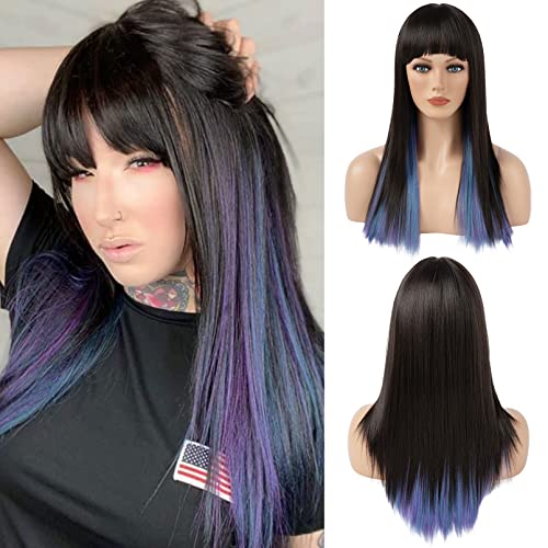 LONAI Long Black Wigfor Women Straight Layered Mixed Black Blue Purple Wig with Bangs Heat Resistant Synthetic Hair for Daily Use Party