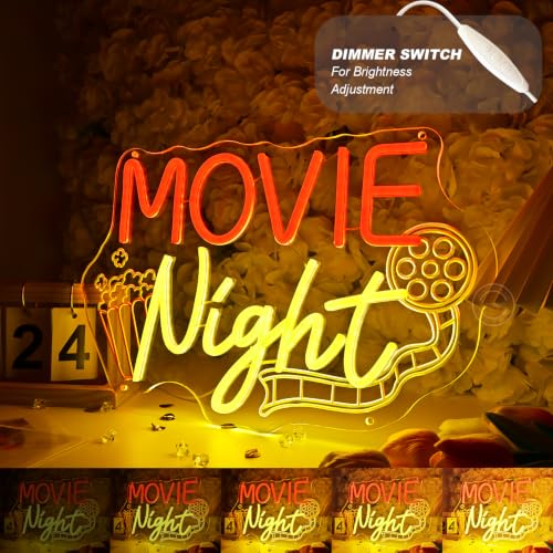 Image of Britrio Movie Night Neon Sign for Home Theater Man Cave Business Wall Light | LED Movie Time Neon Light Cinema Room Game Room Decor Film Lover Gift Party Backdrop Wall Art 5V USB with Dimmer 15.75 inch