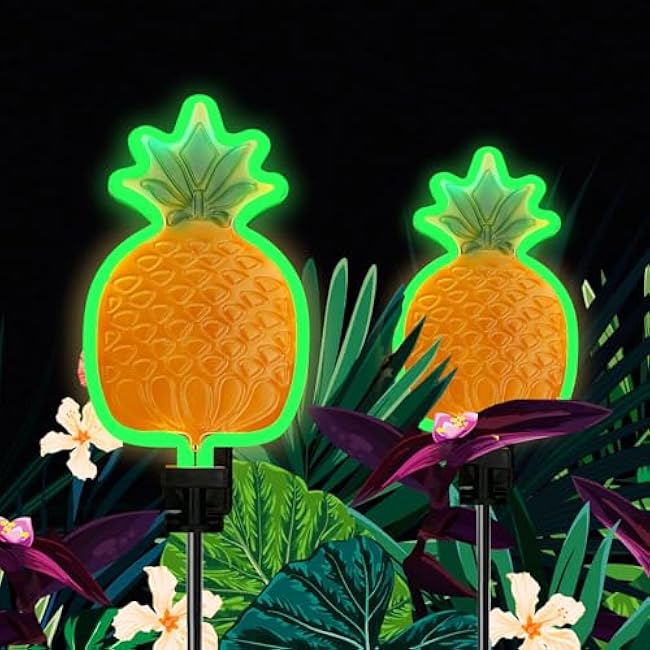 ANGMLN Solar Pineapple Neon Light - 2 Metal Garden Stake Lights 42 inch Path Lighting for Garden Yard Lawn Patio Walkway Decor