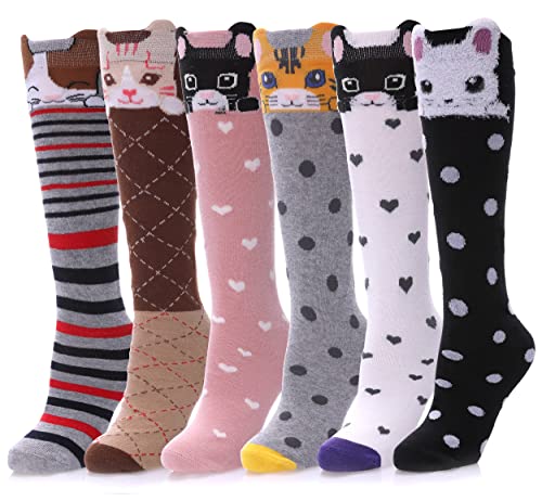 MQELONG Cartoon Animal Cotton Long Over Calf Socks Girls Knee High Socks for 3-12 Years Old (6 Pairs Cat)