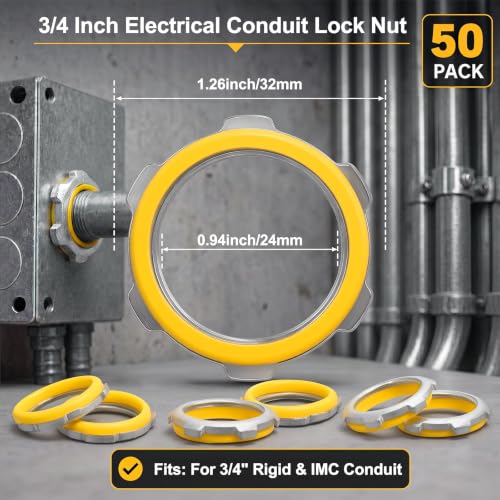 Image of Moxweyeni 50 Pcs 3 /4 Inch Electrical Conduit Lock Nut with PVC Molded Gasket Galvanized Steel Electrical Conduits Sealing Locknut for Rigid IMC Chemical Pipelines and Industry