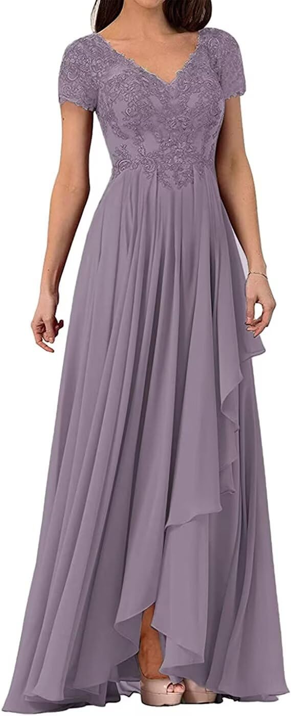 V Neck Mother of The Bride Dresses for Wedding Lace Appliques Prom Dress Women's Cap Sleeves Formal Evening Party Dress