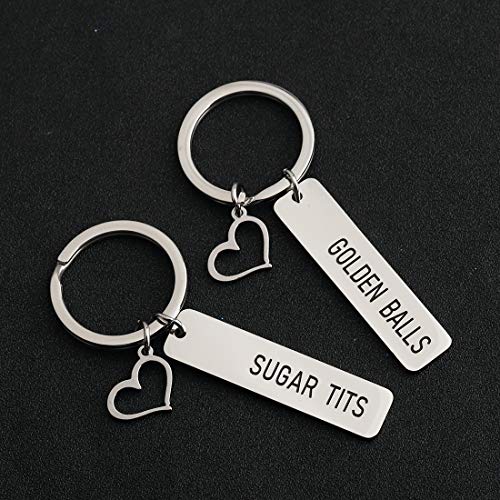 Image of CENWA Funny Couples His and Her Keychain Set Golden Balls Sugar Tits Anniversary Wedding Jewelery Inappropriate Jewelery (golden balls sugar tits K)