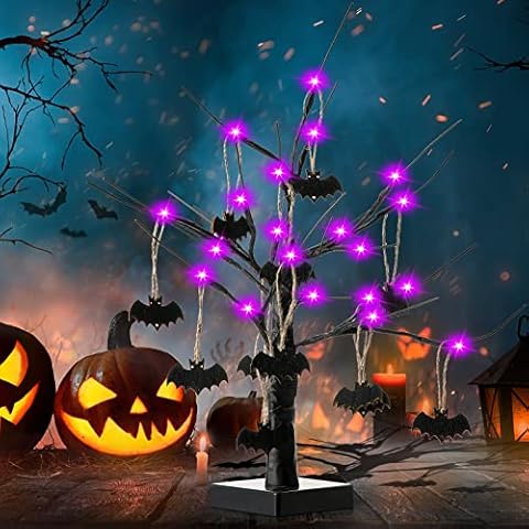 Halloween Lighted Artificial Tree 24 LED Lighted Spooky Tree Decor Halloween Purple Light Fake Tree and 20 Pieces Halloween Hanging Artificial Bats Halloween Fake Bat Decor for Halloween Decor Cover