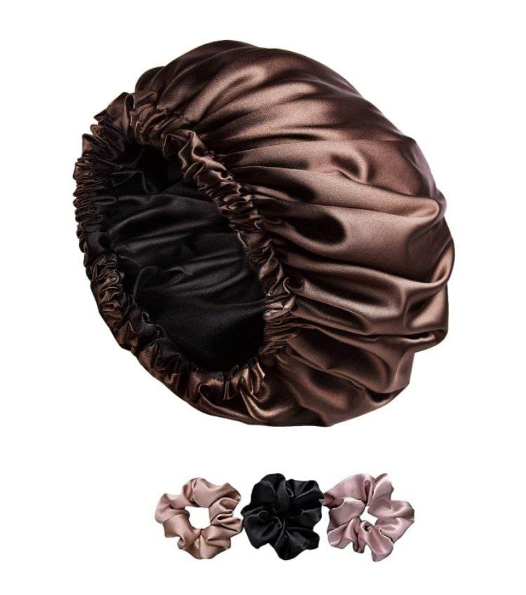 Image of GO WELL Satin Silk Bonnet With 3 Scrunchies - Reversible Cap for Curly Hair, Sleeping - Adjustable Hair Wrap (Coffee)