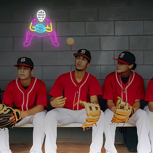 Image of CoolGift Mart Baseball Neon Sign, Catcher Dimmable LED Wall Decor Light USB Powered, Bedroom Gaming Room Man Cave Home Club Shop Decoration, Gift for Players Fans