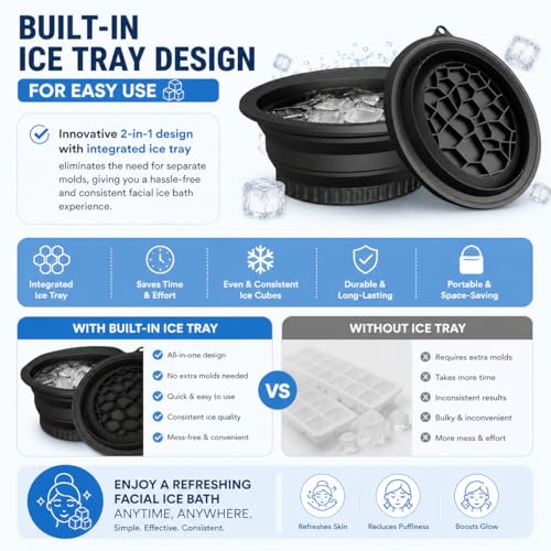 Image of ANTIL'S Silicone Ice Face Bowl with Built-in Ice Tray - Collapsible Facial Ice Bath Tub for Skin Tightening, Acne Relief & Cold Plunge Therapy - Portable Spa Tool for Home & Travel (Pack of 1) Black Color