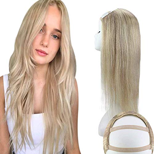 Sunny Half Wig Blonde 20 inch Human Hair Blonde Half Wig Real Hair Silky Straight Ash Blonde Highlighted Blonde U Part Half Wig Medium Cap 150g