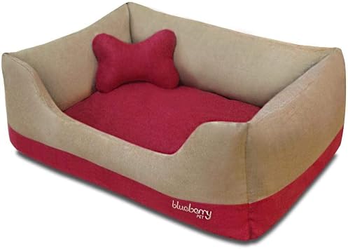 Blueberry Pet Microsuede Pet Bed, Recyclable & Removable Stuffing w/YKK Zippers, Machine Washable, for Cats & Dogs, 25" x 21" x 10", Beige and Red Color-Block