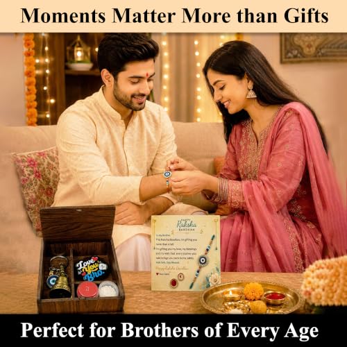 Image of SWAGSTATION Rakhi Gift for Brother, Evil Eye Rakhi with Guardian Bell Evil Eye Keychain, Love You Bro Fridge Magnet, Greeting Card, Roli Chawal & MDF Gift Box, Raksha Bandhan Gift Set