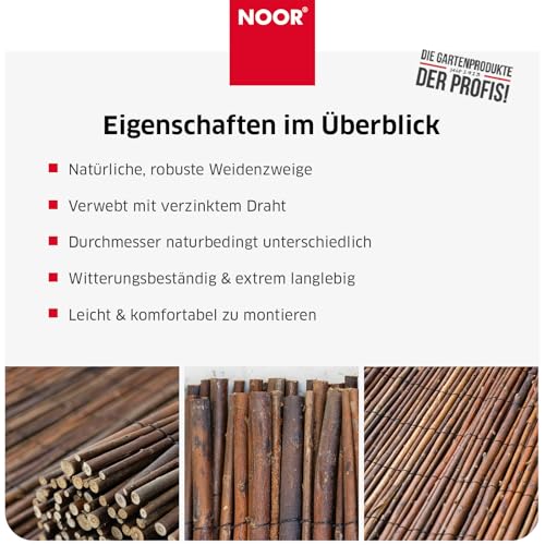 NOOR Weidenmatte Deluxe Natur 0,90 x 3,00 m - Natürlicher Sicht- und Windschutz aus Weidenzweigen für Garten, Terrasse & Balkon - verwebt mit verzinktem Draht