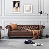 RUSTYER Chesterfield 3 Seater Sofa, Modern Leather Tufted Couch 3 Seater with Rolled Arms and Nailhead Mid-Century Upholstered Couch for Living Room, Bedroom, Apartment and Office, Brown