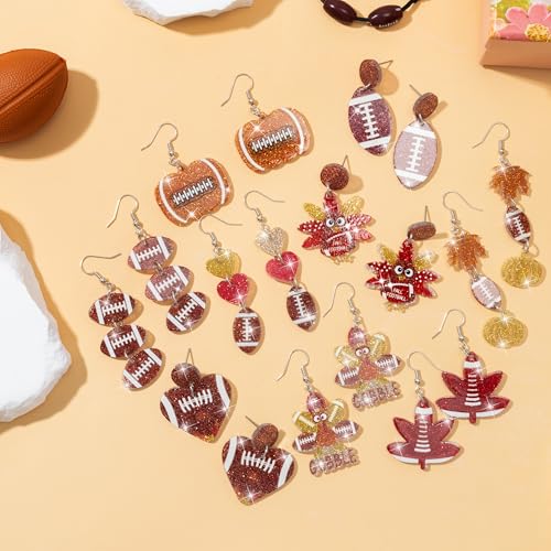 Y1tvei Fall Football Glitter Earrings - 9 Pairs Colorful Maple Pumpkin Sparkly Acrylic Drop Dangle Stud Earhooks Autumn Earring Ear Decor Jewelry Accessory Supplies for Women Thanksgiving Party Event2