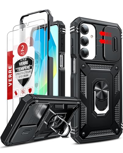 LeYi Coque pour Samsung Galaxy A16/A 16 4G/5G avec 2*Verre Trempé+Anneau Support,Full Protection de la Caméra en PC Dur Anti-Chut Renforcée Armor Heavy Duty Antichoc...