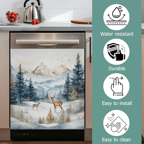 Image of Dishwasher Magnets Decorative Cover,Winter Mountain Refrigerator Magnet Cover,Washable Forest Deer Dishwasher Front Panel Cover Home Kitchen Decoration 23x26 Inch