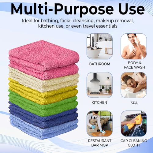 Image of QUBA LINEN 100% Cotton Washcloth Set - Soft, Absorbent Face Towels for Bathroom & Gym Use - Durable & Reusable Wash Cloths - Rainbow (Multi-Color), 12 x 12 Inches, Pack of 12