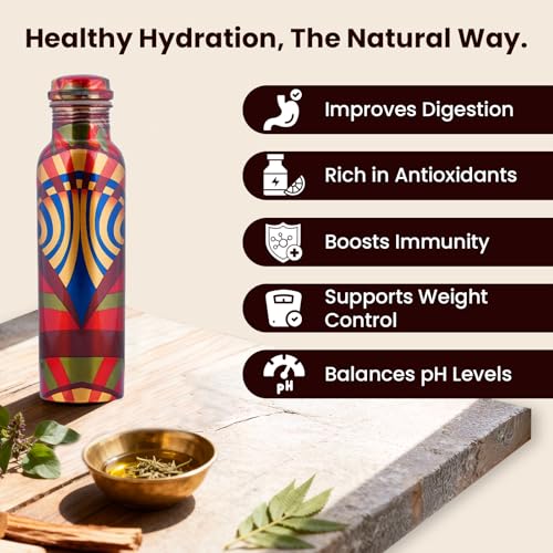 Image of Craft Trade 100% Pure Copper Water Bottle 950ml, Ayurveda inspired Copper Bottle for Drinking, Unique Handpainted Design - Boosts Immunity & Digestion, Leak-Proof, BPA-Free - 2Pk