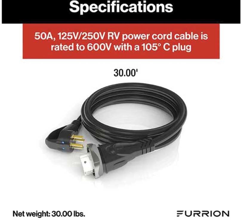 Furrion 30ft 50 Amp 125/250 Volt Cordset with PowerSmart and PullSmart technology - F50R30-SB , black