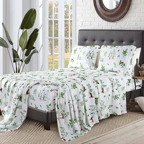 Elegant Comfort Luxuriously Soft 4-Piece Holiday Velvet Plush Flannel Sheet Set - Premium Quality - Cozy Warm, Christmas Fuzzy Velvet Flannel Fleece Deep Pocket Sheet Set - Twin, Enchanted Woods