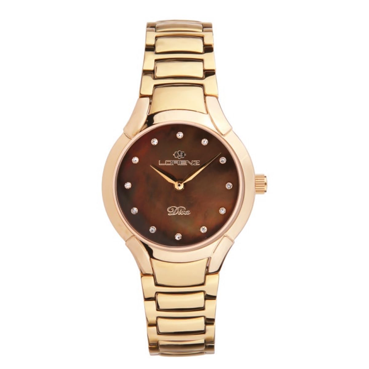 Lorenz Diva Pearl 030281FF - Reloj clásico de mujer de cuarzo - Reloj de acero laminado oro con esfera de nácar y diamantes - Estuche de madera con logotipo Diva
