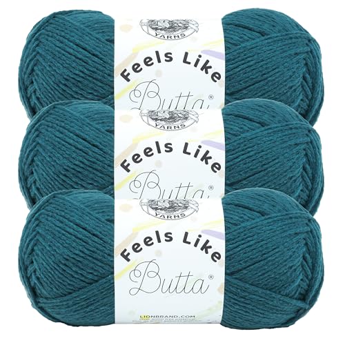 Lion Brand Yarn Feels Like Butta Yarn, Velvety-Soft Yarn for Crocheting and Knitting, 3 Pack, Teal