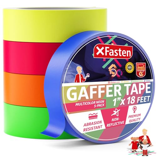 XFasten Multicolor Neon Gaffer Tape, 1-inch x 18-feet Multipurpose Gaffers Tape (5-Pack), UV...