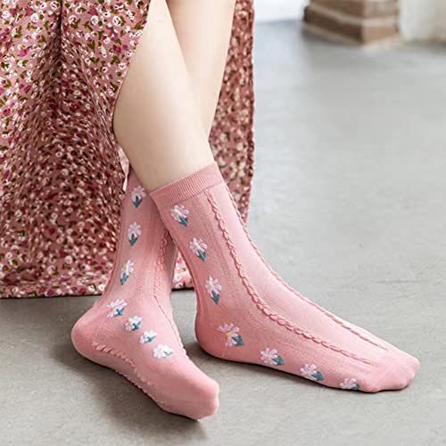 Image of DXYAKY 5 Pairs Womens Floral Cotton Socks Vintage Patterned Crew Socks Novelty Ankle Ruffled Warm Casual Dress Socks