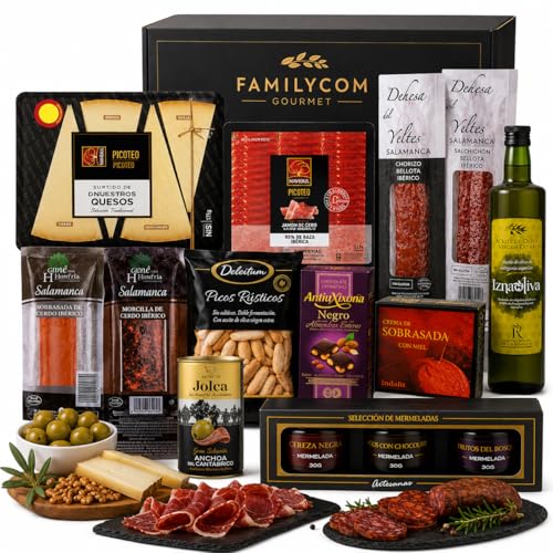 FAMILYCOM Cesta Gourmet para regalar - Lote gourmet con Ibéricos de regalo - Surtido de Bombones, chocolate, Embutidos, Aceite De Oliva Virgen - Regalos originales para Profesores