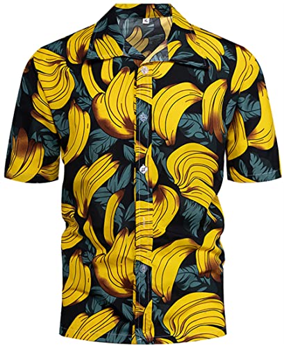 PADOLA Camisa Hawaiana Hombre Manga Corta con Botones Camisas Tropicales Vacaciones Casual Top(Plátano,XL)