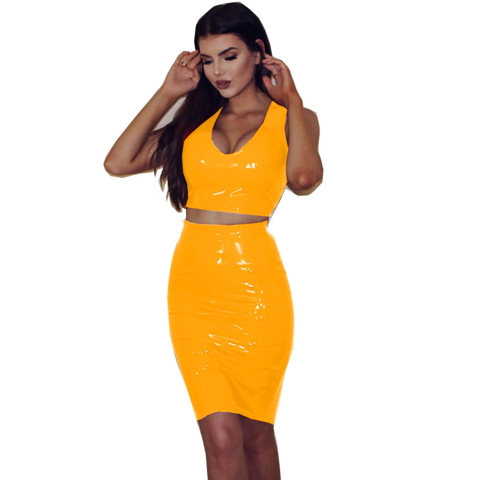 QJZM Faux Leather Two Piece Summe Top sin Mangas Falda Traje Slim Crop Tank Tops Cintura elástica Lady Falda Conjuntos Elegante